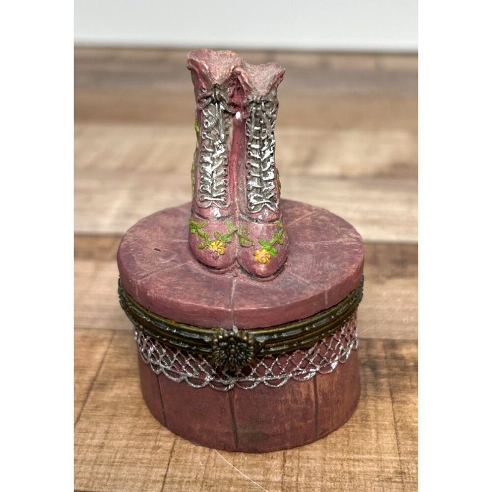 Decorative Boot-Themed Trinket Box With Hinged Lid & Lace Detailing